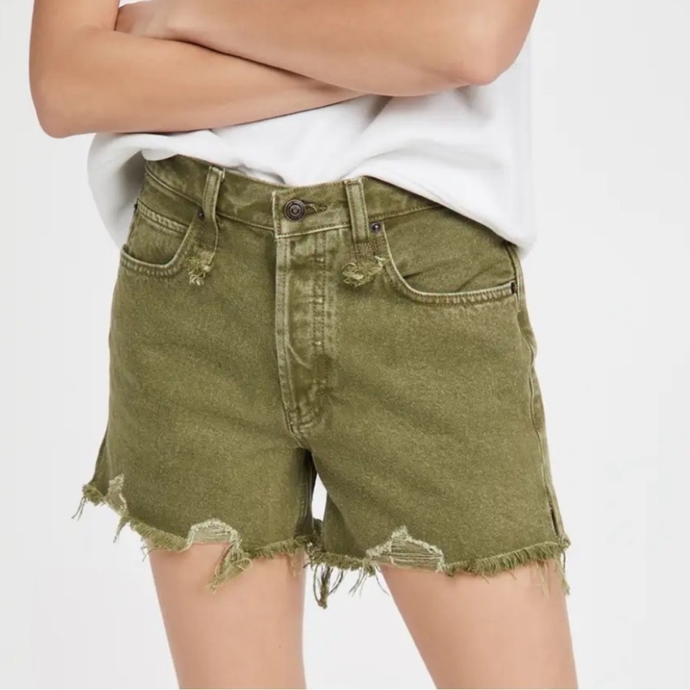 Free People Olive Green High-Waist Distressed Denim Shorts
